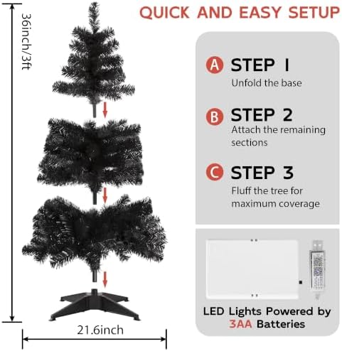 Black 3ft Christmas Tree with Lights, Halloween 36inch Artificial Small Tree Mini Table Top Decorations, Xmas Desk Tree with 80 Color Lights, 200 Branch, Holiday Decor for Home,Indoor Office Tabletop