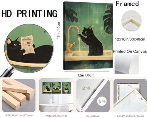 Funny Bathroom Black Cat Wall Art Set of 3, Whimsical Animal Bathroom Wall De...