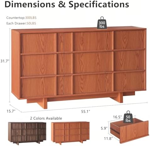 55" Wide 9 Drawer Dresser and Nightstand Set 3 Piece, Cherry