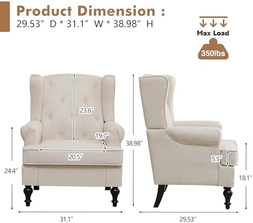Accent Chair for Living Room, Mid Century Modern Upholstered Armchair, Wingba...
