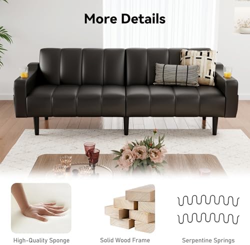 80'' Futon Sofa Bed,Faux Leather Futon Sleeper Sofa, Convertible Love...