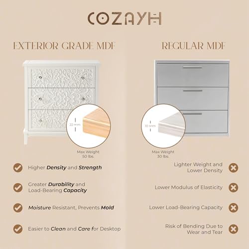 COZAYH Farmhouse 3-Drawer Dresser, Floral Carved, Distressed White-Washed
