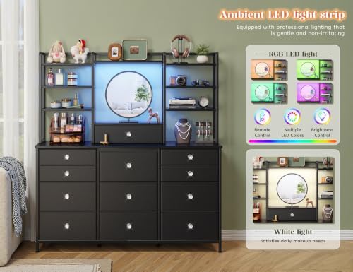 Romorgniz Black Dresser for Bedroom with RGB LED Lights, Vanity Organizer