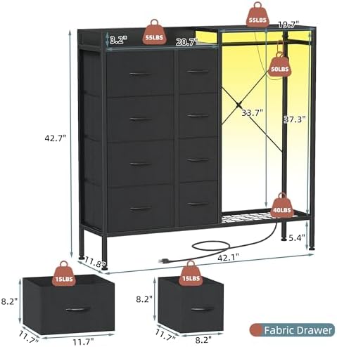 HIGDBFE 8-Drawer Dresser with Hanging Rack for Bedroom, Black, 11.8" D