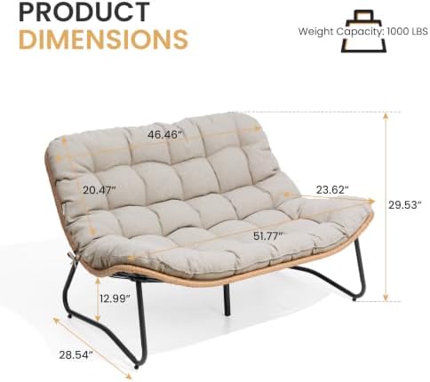 Outdoor Loveseat, Boho Rattan Patio Couch with Soft Cushion (Beige)