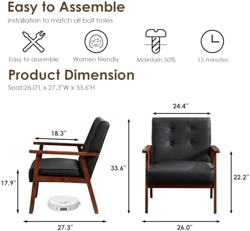 STHOUYN Black Leather Accent Chair, Waiting Chair with Wooden Arms