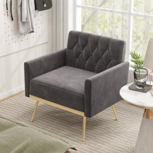 Giantex Modern Velvet Accent Chair, Upholstered Single Sofa Chair (Grey)