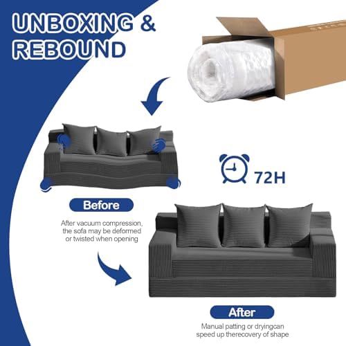 2 in 1 Convertible Boneless Couch Bed, Corduroy futon Sofa Bed, Compression F...