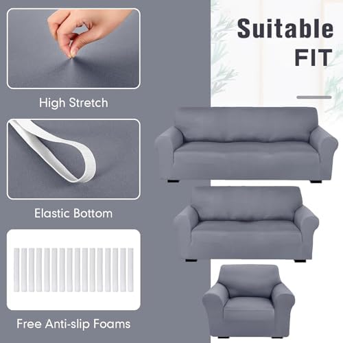 Peryiter 3 Pcs Couch and Loveseat Sofa Covers,Light Gray,Milk Silk
