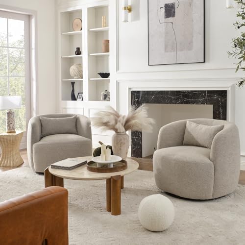 KINWELL 34" W Boucle Swivel Barrel Chairs with Pillow Set of 2, Taupe