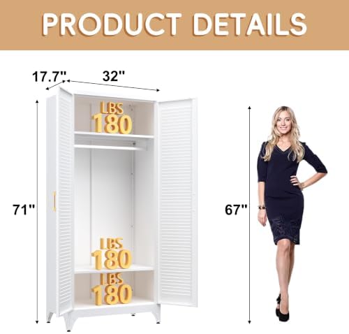 Steeloong 71"Armoire Wardrobe Close,White Wardrobe Cabinet with Hanging Rod