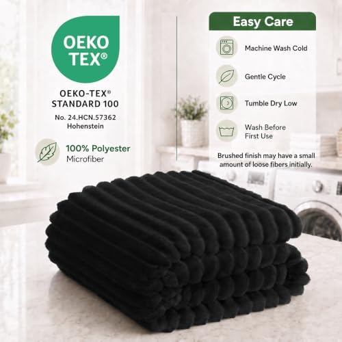 HIMEET Black Queen Size Blanket for Bed, 300GSM Ribbed Fleece, 90 x 90 in