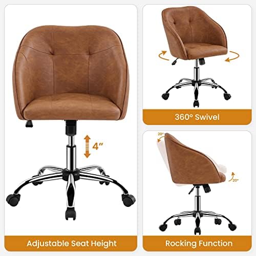 Yaheetech Faux Leather Vanity Chair with Wheels, Tufted Seat, Retro Brown
