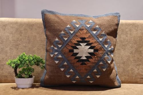 Handmade 100% Wool Kilim Pillow Cover – 18x18 Inches, Durable Indian Cushion Case, Premium New Zealand Wool for Home Decor (Brown, Pack of 2)
