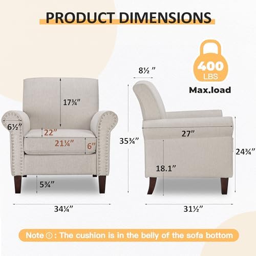 PrimeZone Comfy Accent Chairs Set of 2, Mid-Century Modern Arm Chair, Beige