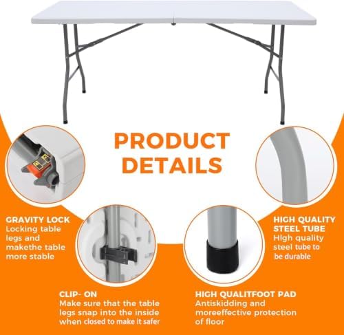 Lakhow 6FT Folding Table, Fold in Half Heavy Duty Rectangular Plastic Utility...