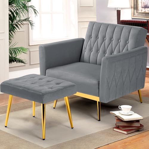 Velvet Accent Chair w/Ottoman & Adjustable Backrest, Grey