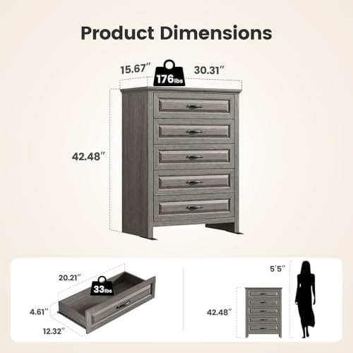 Amada Farmhouse 5 Drawer Dresser, Wood Dresser with Natural Texture, Gray