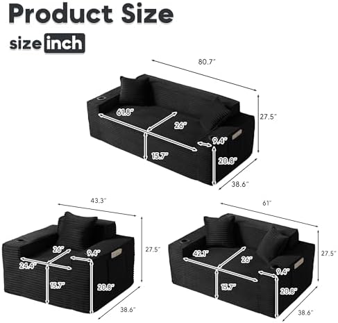 Boneless Sectional Sofa 3 Piece Set with Cup Holders & Side Pockets, Mode...