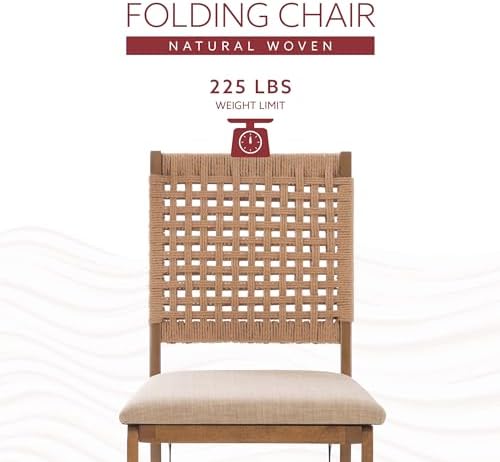 Linon Bennett Natural Folding Chair with Woven Rope Back and Linen Upholstere...