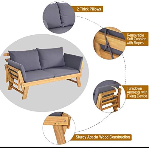 Tangkula Convertible Acacia Wood Patio Sofa Bed with Adjustable Armrest