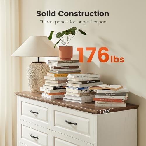 Amada Farmhouse 6 Drawer Dresser, Wood with Natural Texture, Brown & White