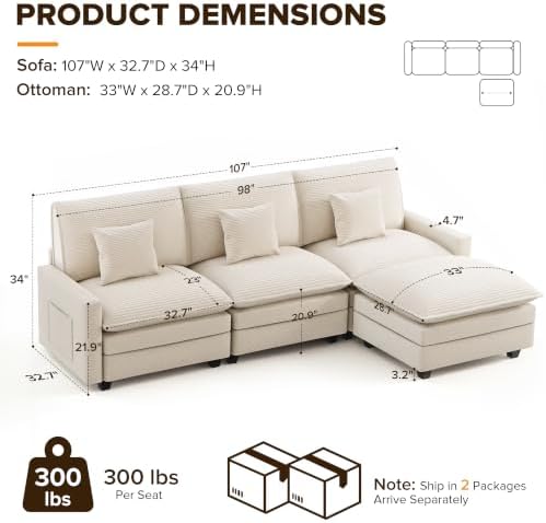107" Modular Sectional Sofa, L Shaped Cloud Couch with Movable Ottoman | 4 Seat Corduroy Sectional Couch with Throw Pillows & Side Pockets, Deep Seat Modern Couches for Living Room, Apartment