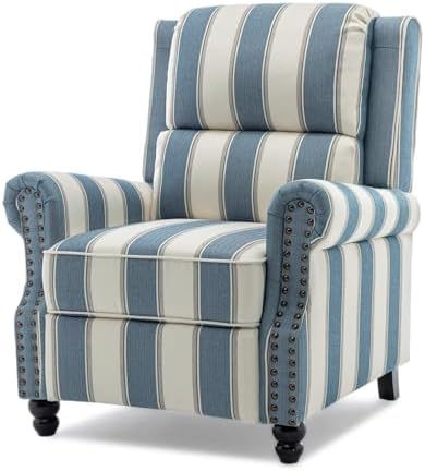 Pushback Recliner Chair, Fabric Wingback Recliner, Navy Stripe