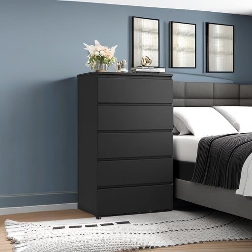 FOTOSOK Black Dresser, Dresser for Bedroom, 5 Drawer Chest of Drawers