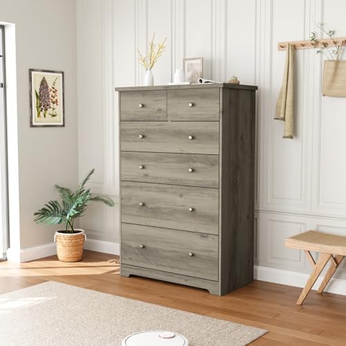 VINGLI Tall Dresser, Rustic Grey Dresser 6 Drawer Chest of Drawers, Wood Gray...