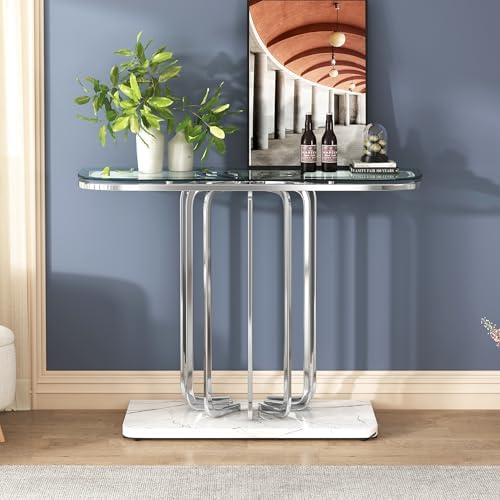 O&K FURNITURE 43" Modern Glass Console Table with Curved Chrome Fram...