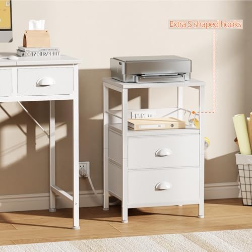 Furologee End Table with Charging Station, Nightstand with Fabric Drawers, Si...