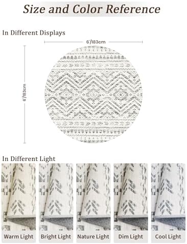Miukiki Round Rugs 6ft for Living Room Moroccan Washable Circle Rug Grey