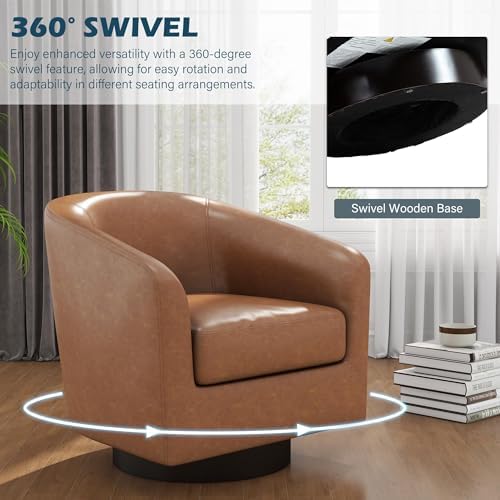 Faux Leather Swivel Accent Chairs Set of 2, Barrel Armchair, Brown