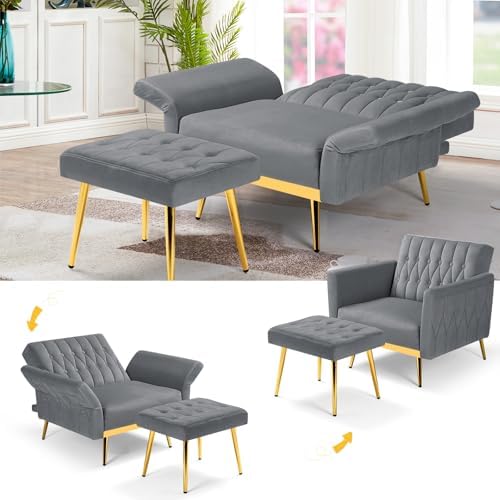 Velvet Accent Chair w/Ottoman & Adjustable Backrest, Grey