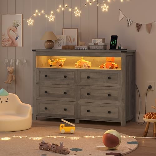 Wodeer Grey Dresser 6 Drawer Dressers for Bedroom with LED Lights, Charging S...