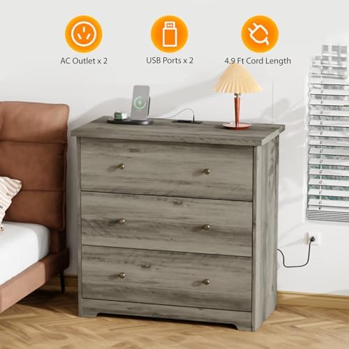 VINGLI 3 Drawer Dresser with Charging Station, Small Dresser Grey Chest of Dr...