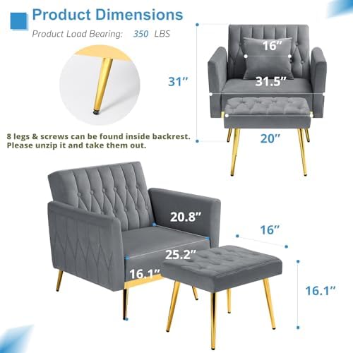 Velvet Accent Chair w/Ottoman & Adjustable Backrest, Grey