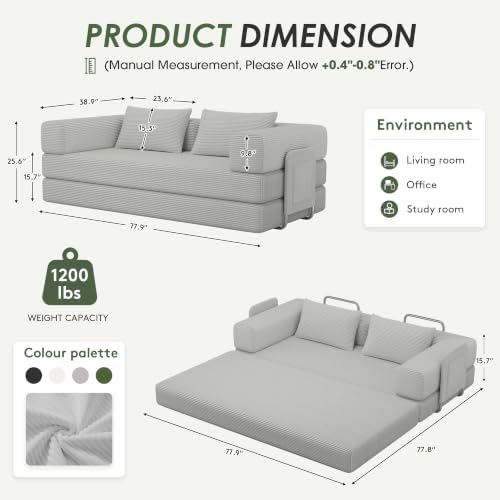 78" 5-in-1 Convertible Futon Sofa Bed, Boneless Couch for Living Room