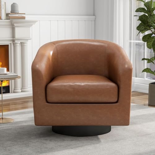 Faux Leather Swivel Accent Chairs Set of 2, Barrel Armchair, Brown