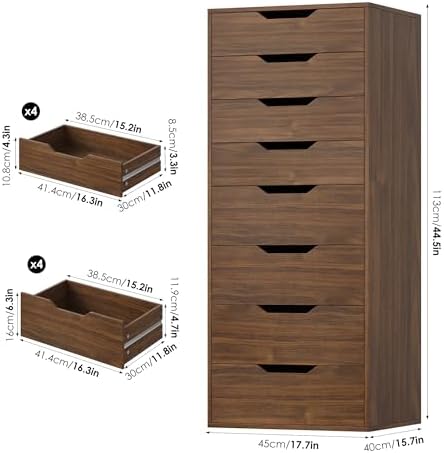 FACBOTALL 44.5" Tall Walnut Dresser, 8 Drawer Dresser with Groove Handles