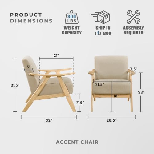 Lexicon Mid Century Modern Accent Chair, Natural Wood Frame, Light Brown