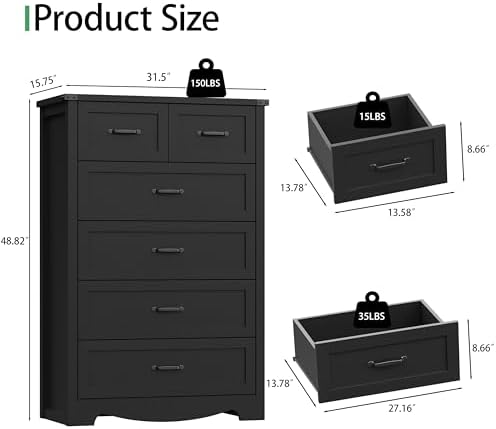 Dresser for Bedroom with 6 Drawers, 49" Tall Wood Chest of Drawers with ...
