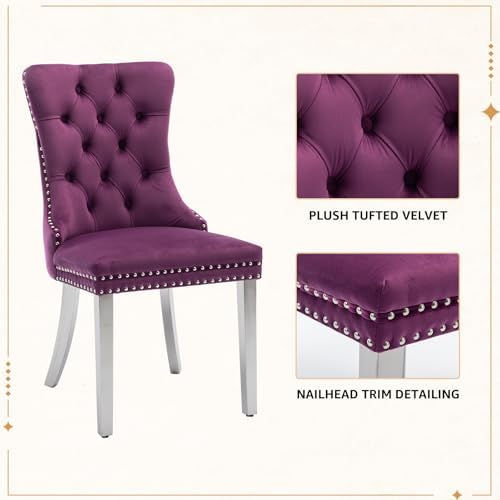 Velvet Dining Chairs Set of 4, Tufted Upholstered High Wingback Chairs with N...