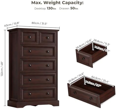 VVFLU Farmhouse 6 Drawer Dresser, 48" Tall Dresser Chest of Drawers with...
