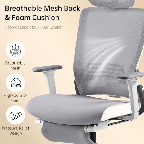 Ergonomic Foldable Office Chair with Footrest and Lumbar Support, Grey