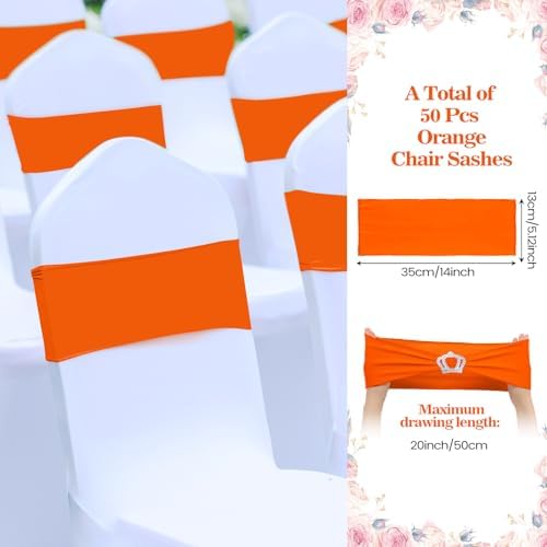50 Pcs Stretch Chair Sashes with Crown Chair Sashes with Buckle Slider Wedding Elastic Cover for Party Bridal Baby Shower Ceremony Reception Banquet(Orange)