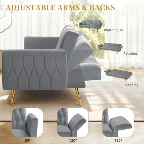 70” Velvet Futon Sofa Bed w/Adjustable Armrests, Grey