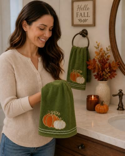 Fall Farmhouse Green Bathroom Hand Towels , Orange & Gold Pumpkins, 16"x25" | Set of 2, 100% Cotton, Embroidered Harvest Design, Fancy Trim, Perfect for Parties & Gifts, Kitchen & Bath Decor Accent