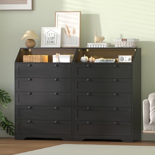 Black Dresser Tall 5 Drawer Dresser for Bedroom, Wood Chest of Drawers with L...